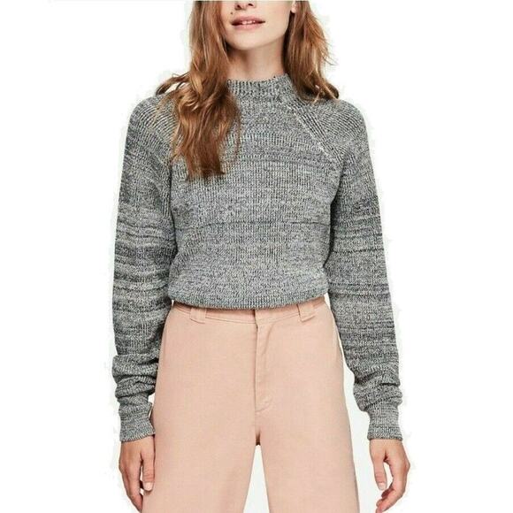 Free People Women Grey Heather Cotton Cable Knit Relaxed Raglan Sweater Size L - Picture 1 of 4